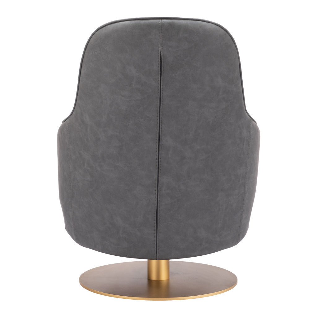 28" Gray And Gold Faux Leather Swivel Arm Chair