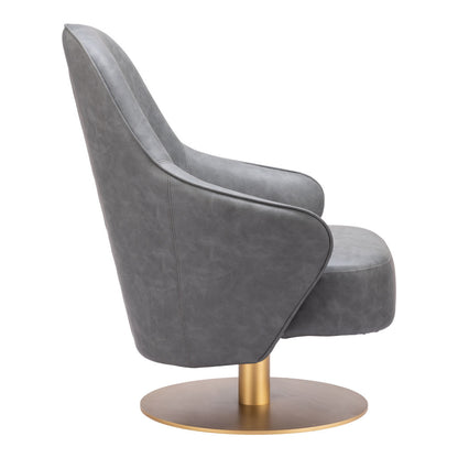 28" Gray And Gold Faux Leather Swivel Arm Chair