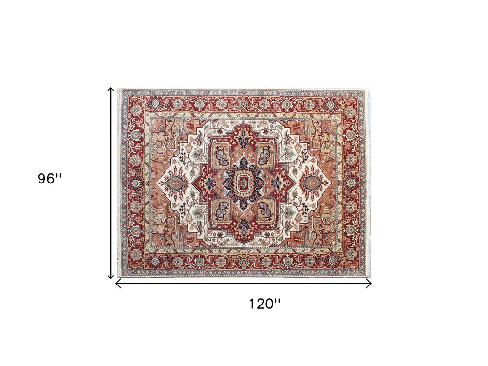 8' X 10' Rust and Gray Oriental Hand Knotted Area Rug With Fringe