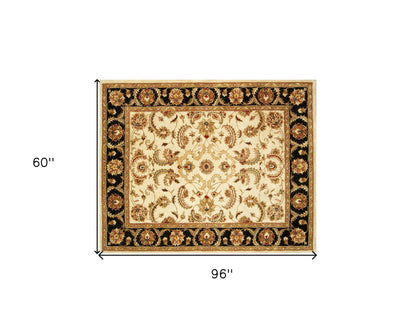 5' X 8' Ivory and Black Oriental Hand Tufted Non Skid Area Rug