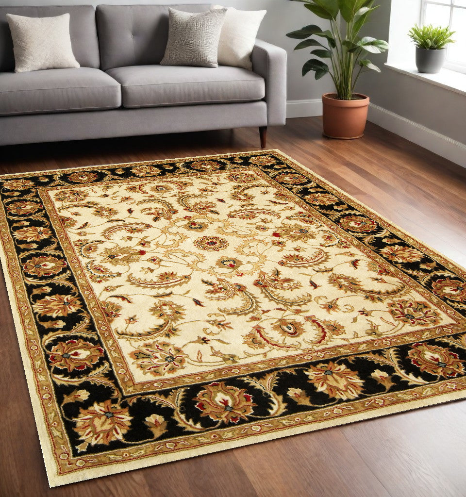 5' X 8' Ivory and Black Oriental Hand Tufted Non Skid Area Rug