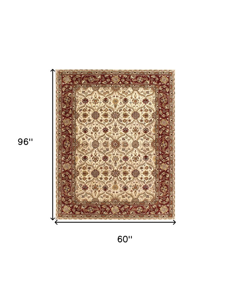 5' X 8' Ivory and Red Oriental Hand Tufted Non Skid Area Rug