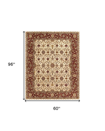 5' X 8' Ivory and Red Oriental Hand Tufted Non Skid Area Rug