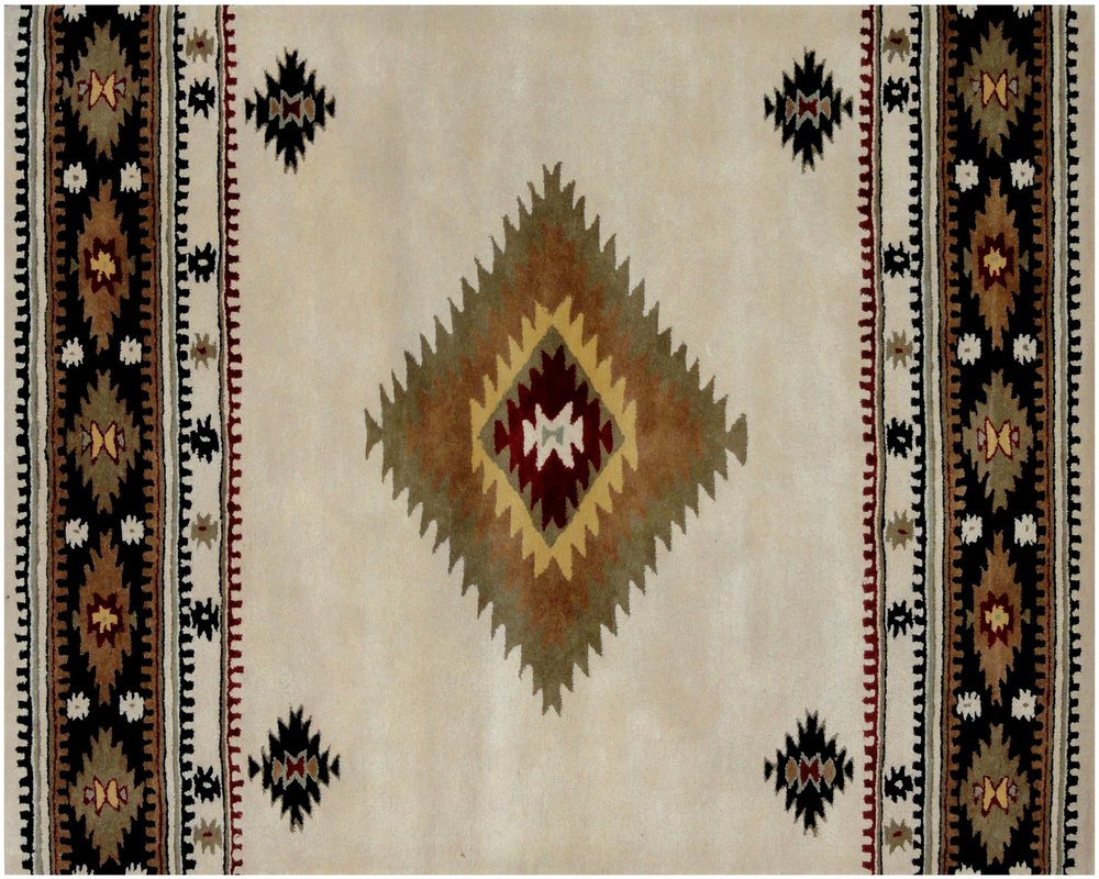 5' X 8' Ivory and Black Southwestern Hand Tufted Non Skid Area Rug