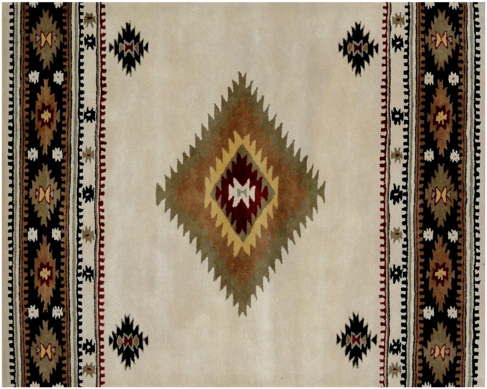 5' X 8' Ivory and Black Southwestern Hand Tufted Non Skid Area Rug