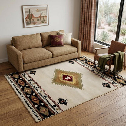 5' X 8' Ivory and Black Southwestern Hand Tufted Non Skid Area Rug