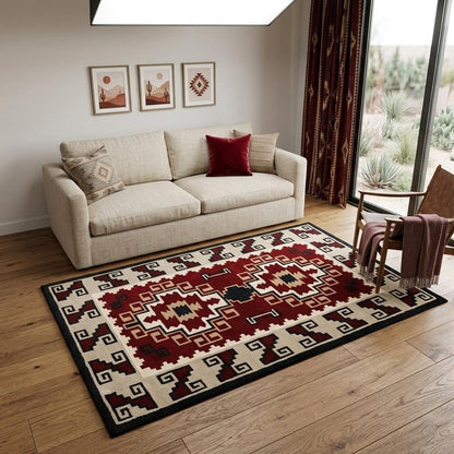5' X 8' Red and Beige Southwestern Hand Tufted Non Skid Area Rug
