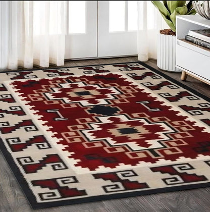 5' X 8' Red and Beige Southwestern Hand Tufted Non Skid Area Rug