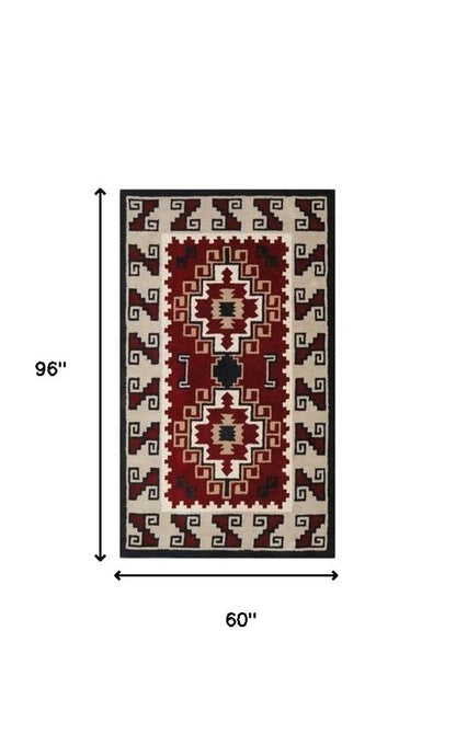 5' X 8' Red and Beige Southwestern Hand Tufted Non Skid Area Rug