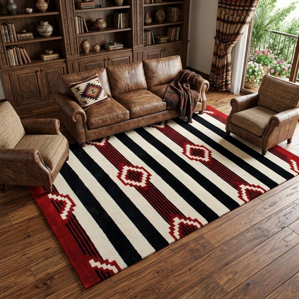 8' X 11' Ivory and Black Southwestern Hand Tufted Non Skid Area Rug