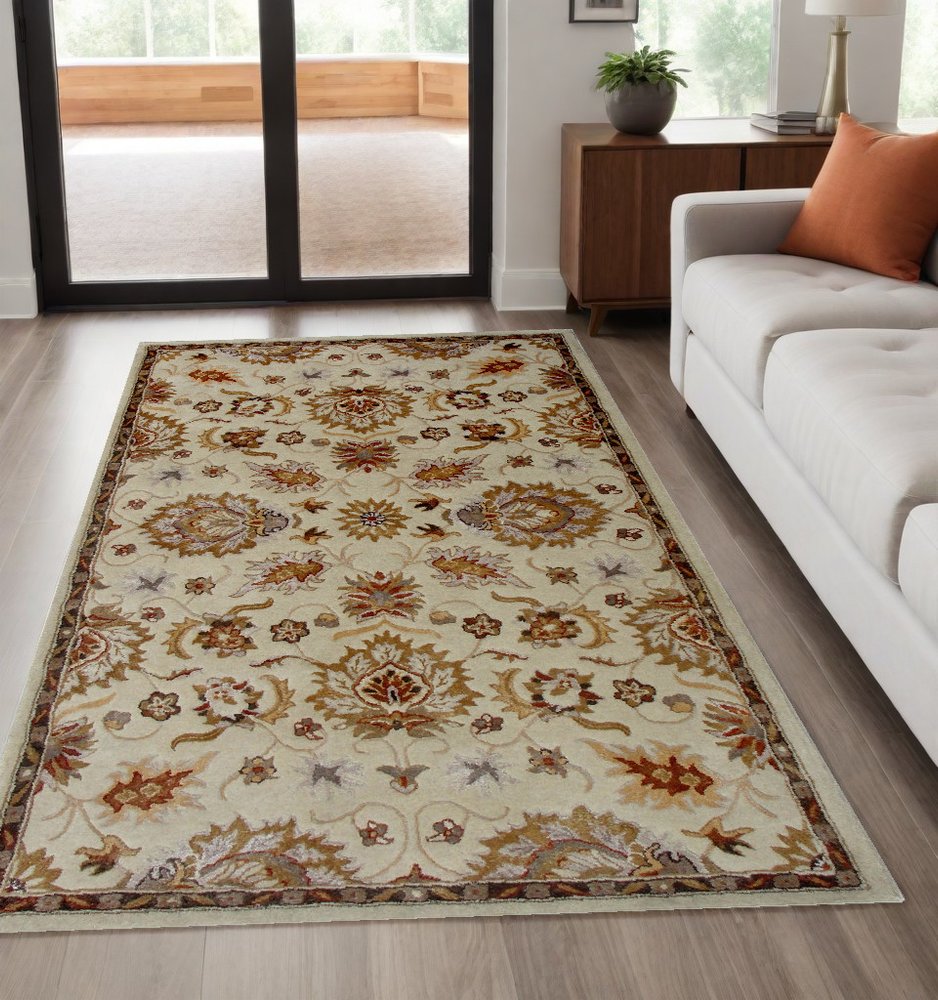 5' X 8' Cream Oriental Hand Tufted Non Skid Area Rug