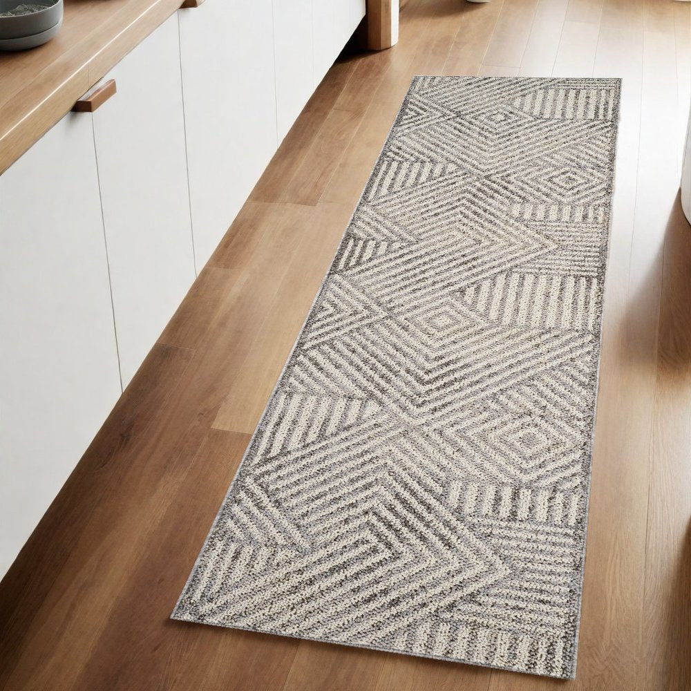8' Gray And Beige Abstract Distressed Runner Rug