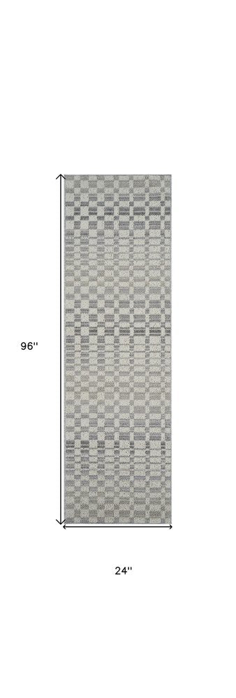8' Gray And Beige Checkered Distressed Runner Rug