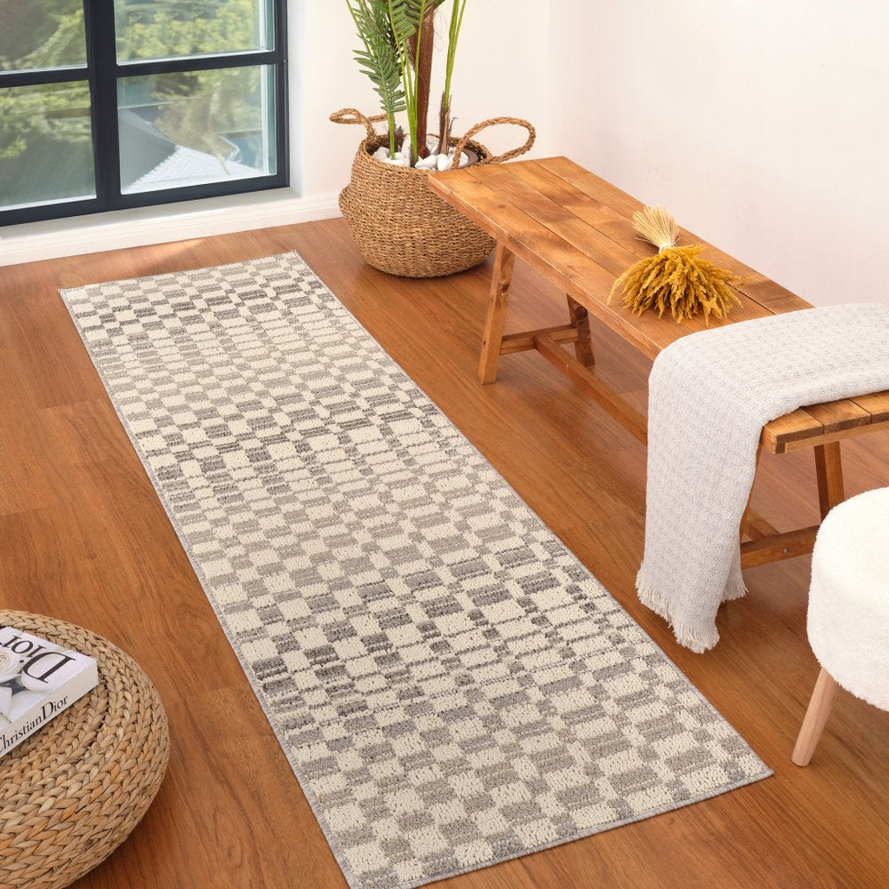 8' Gray And Beige Checkered Distressed Runner Rug