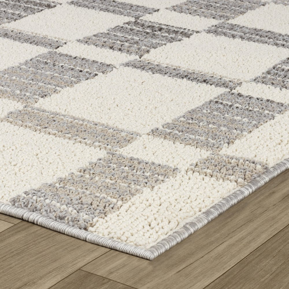 8' Gray And Beige Checkered Distressed Runner Rug