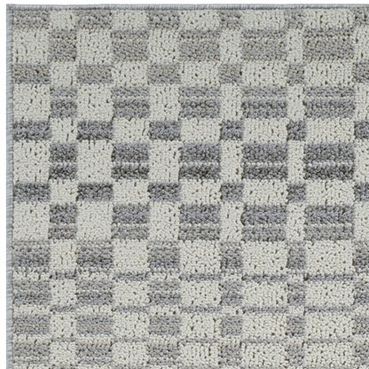 8' Gray And Beige Checkered Distressed Runner Rug