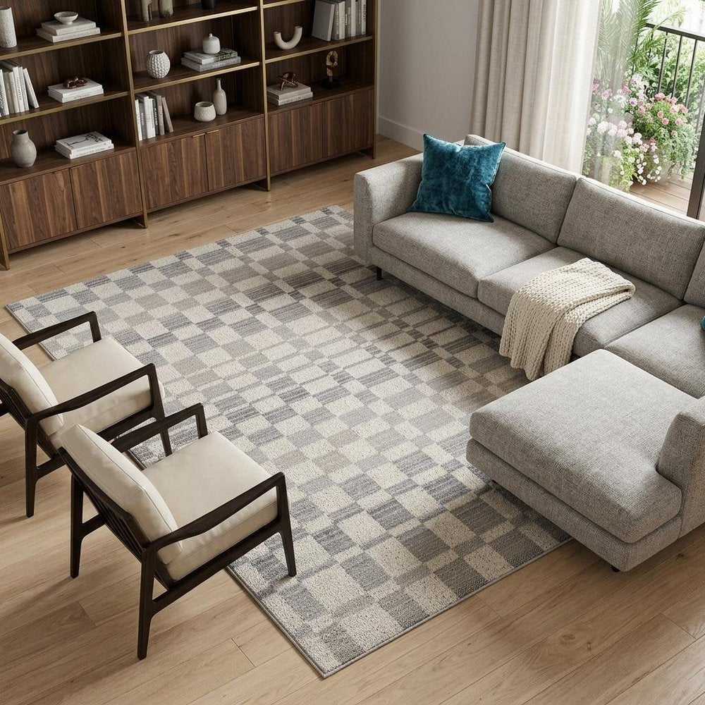 8' X 11' Gray and Beige Checkered Distressed Area Rug