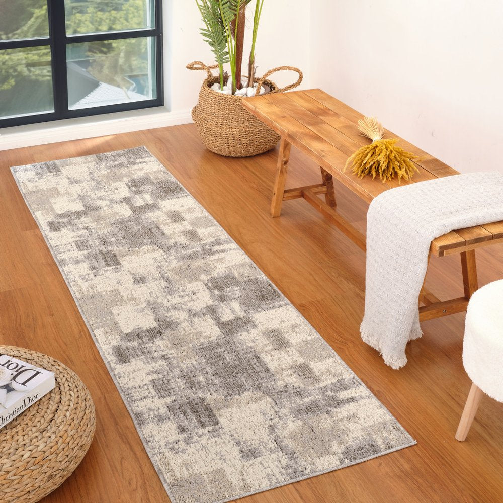 8' Gray And Beige Abstract Distressed Runner Rug