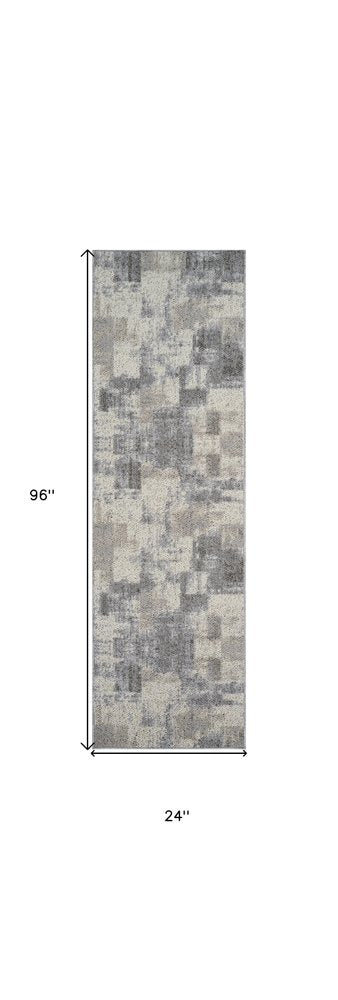 8' Gray And Beige Abstract Distressed Runner Rug
