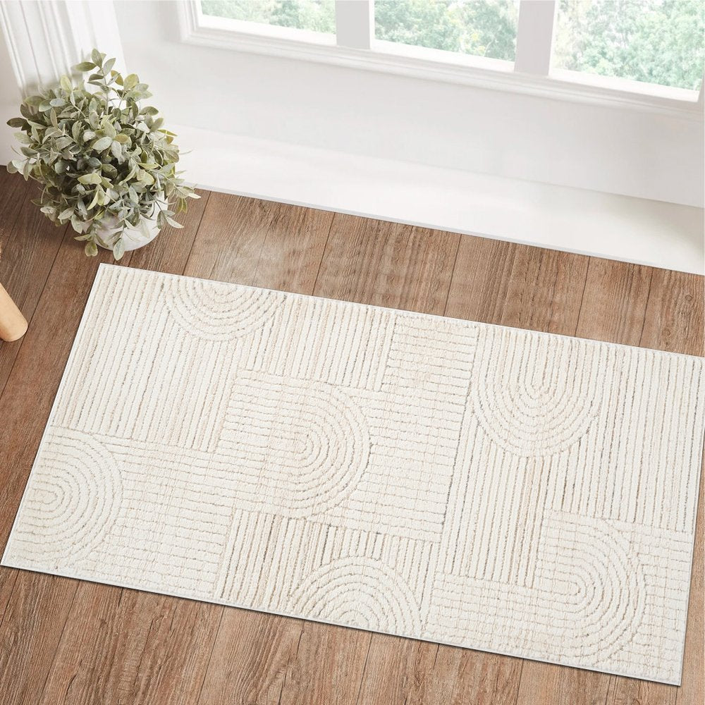 2' X 5' Cream and Beige Abstract Distressed Area Rug
