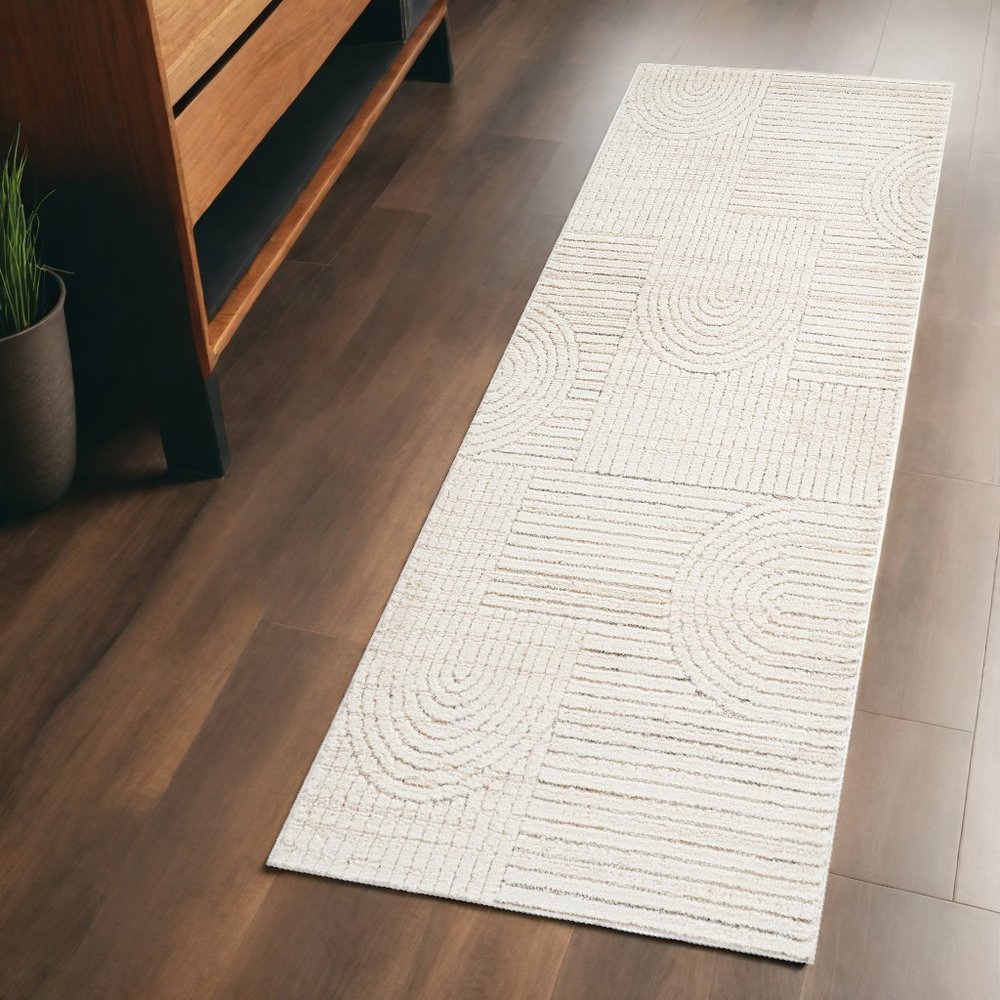 2' X 5' Cream and Beige Abstract Distressed Area Rug