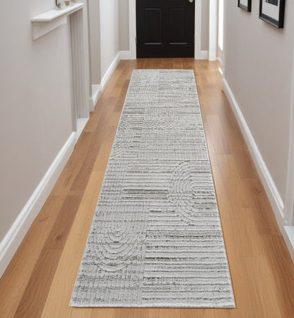 8' Gray And Ivory Abstract Distressed Runner Rug