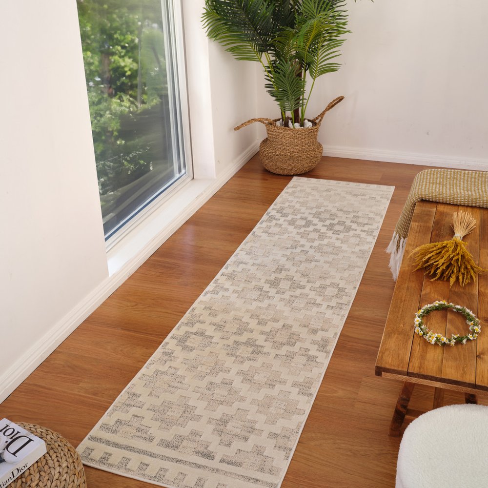 8' Gray And Beige Moroccan Distressed Runner Rug