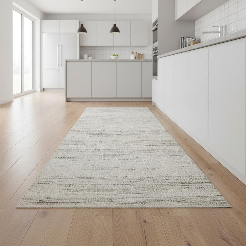 8' Gray And Beige Geometric Distressed Runner Rug