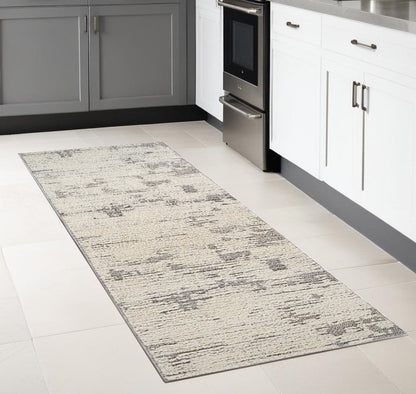 8' Gray And Cream Abstract Distressed Runner Rug
