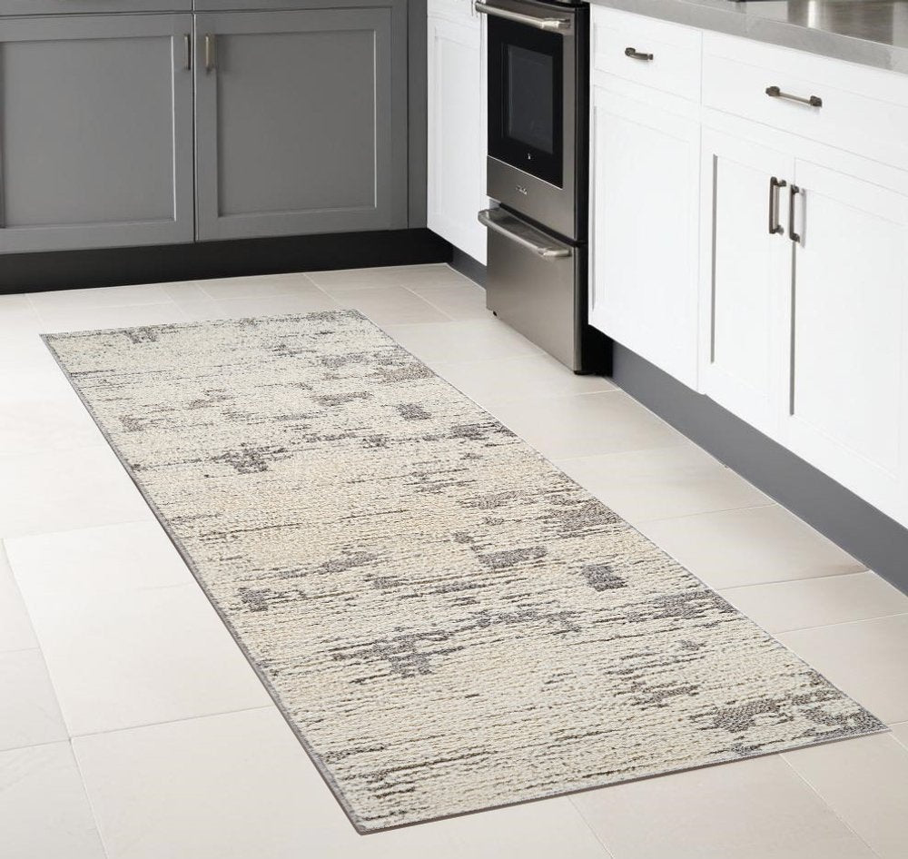 8' Gray And Cream Abstract Distressed Runner Rug
