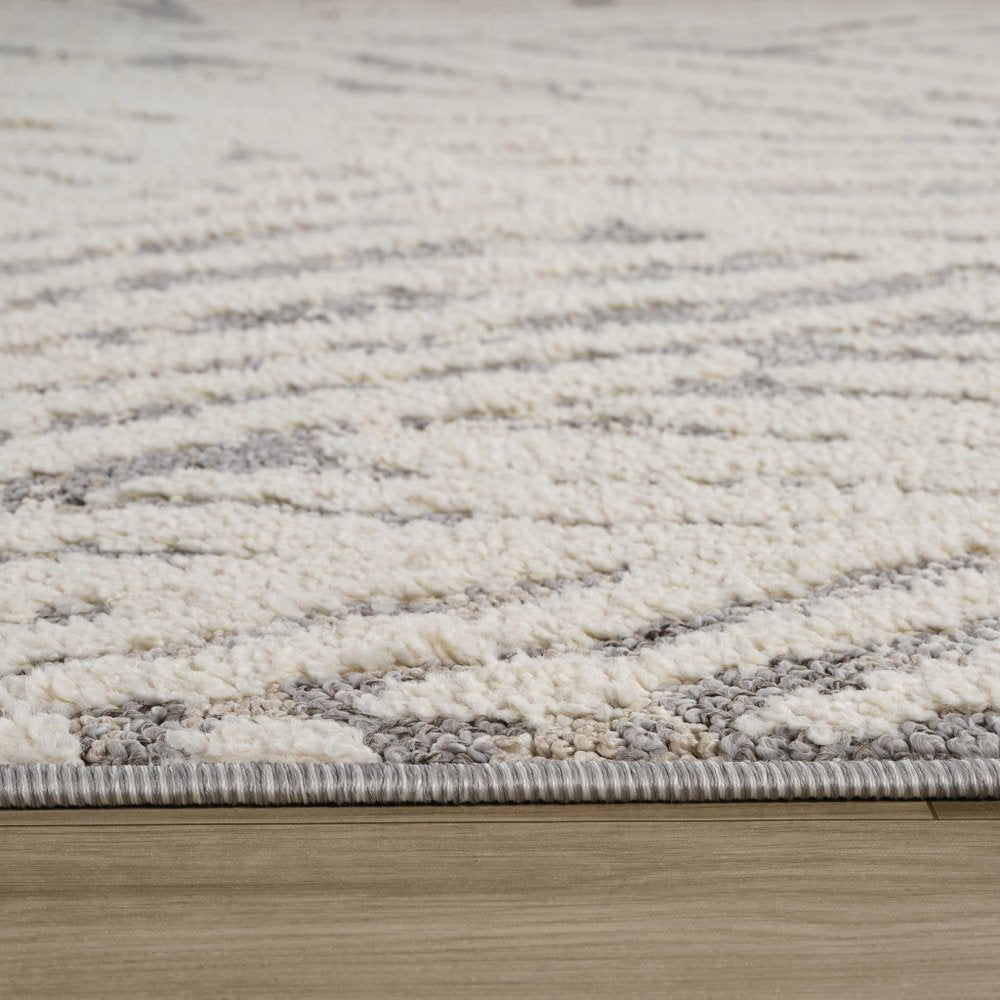 8' Gray and Cream Botanical Leaves Distressed Runner Rug