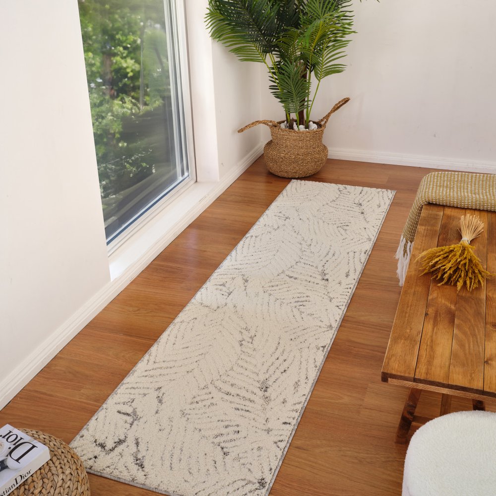 8' Gray and Cream Botanical Leaves Distressed Runner Rug