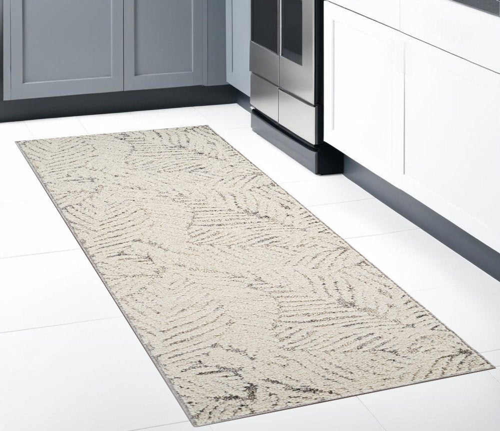 8' Gray and Cream Botanical Leaves Distressed Runner Rug
