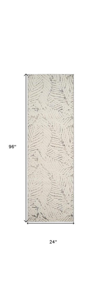 8' Gray and Cream Botanical Leaves Distressed Runner Rug
