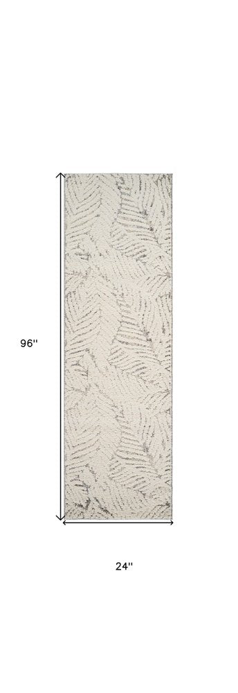 8' Gray and Cream Botanical Leaves Distressed Runner Rug