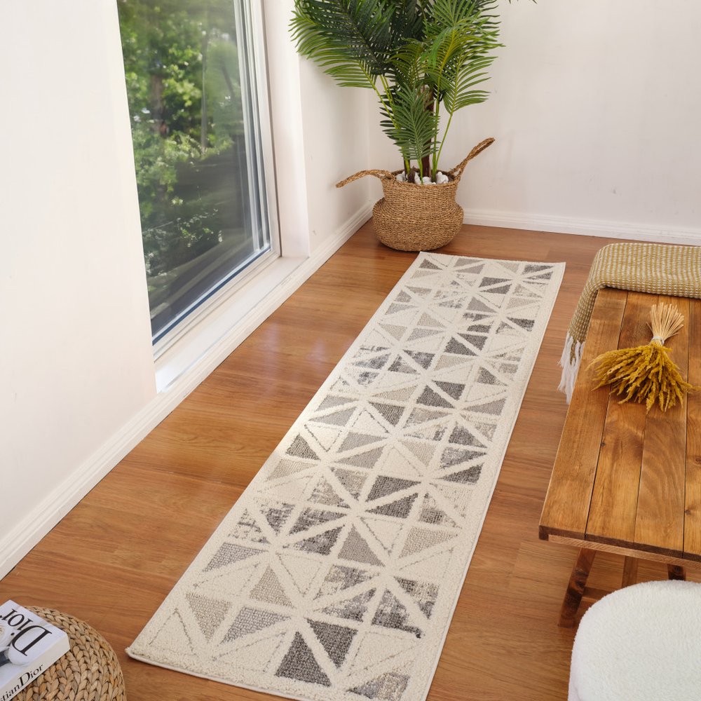 8' Gray And Cream Geometric Distressed Runner Rug