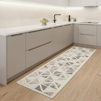 8' Gray And Cream Geometric Distressed Runner Rug
