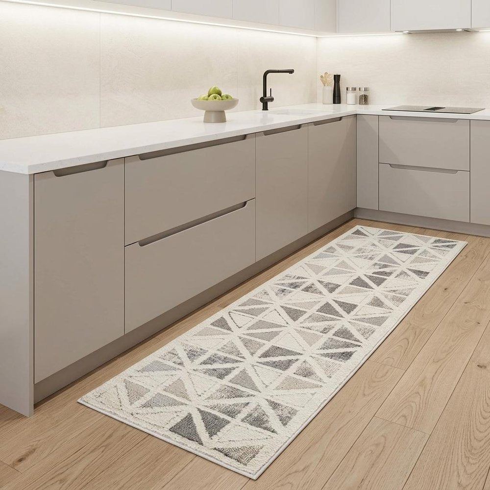 8' Gray And Cream Geometric Distressed Runner Rug