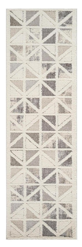 8' Gray And Cream Geometric Distressed Runner Rug