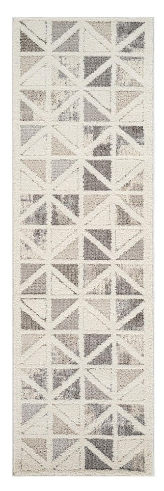 8' Gray And Cream Geometric Distressed Runner Rug