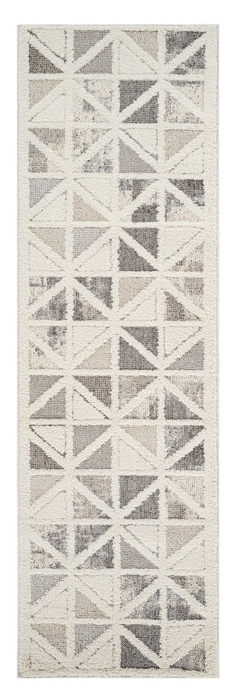 8' Gray And Cream Geometric Distressed Runner Rug