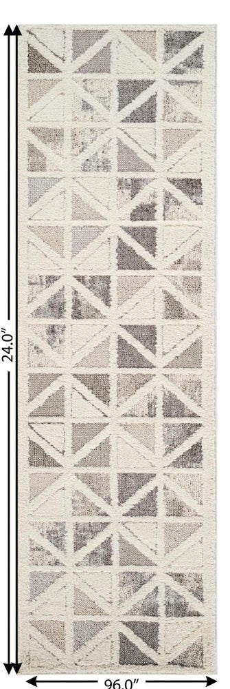 8' Gray And Cream Geometric Distressed Runner Rug