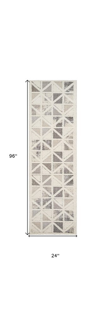 8' Gray And Cream Geometric Distressed Runner Rug