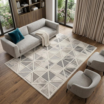 7' X 10' Gray and Cream Geometric Distressed Area Rug