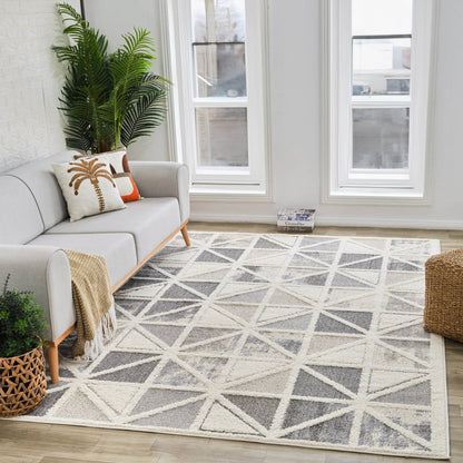 8' X 11' Gray and Cream Geometric Distressed Area Rug