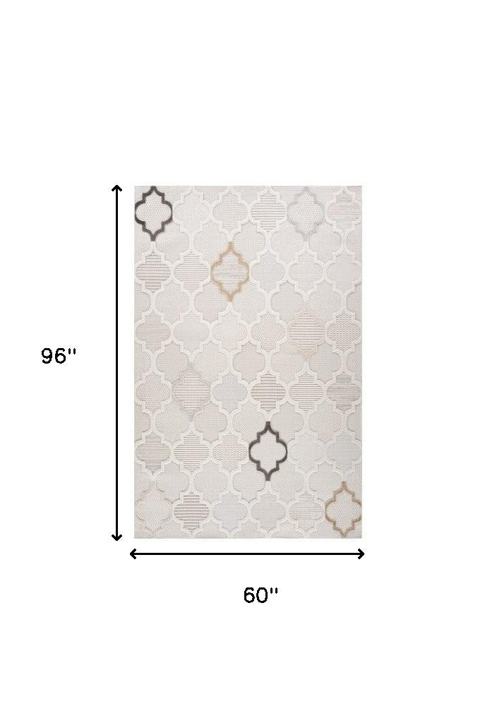 5' X 8' Cream and Beige Geometric Distressed Area Rug