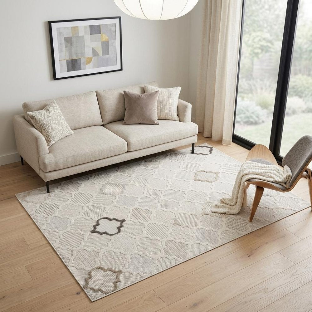 5' X 8' Cream and Beige Geometric Distressed Area Rug