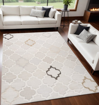 5' X 8' Cream and Beige Geometric Distressed Area Rug