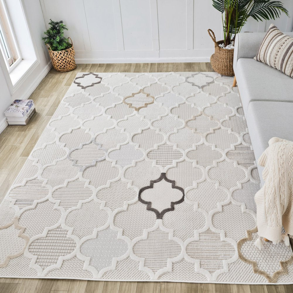 7' X 10' Cream and Beige Geometric Distressed Area Rug