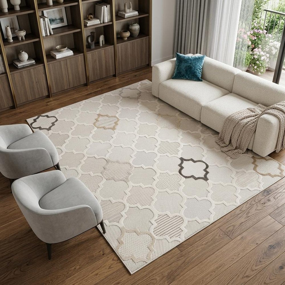 8' X 11' Cream and Beige Geometric Distressed Area Rug